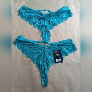 Seven Til Midnight Lace Thong With Satin Ribbon And Gold Rhinestone Charm